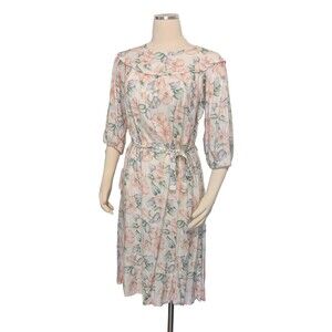 Vintage Pink Floral Yoked Modest Dress Cottage Core Belted 80s Button Back M/L